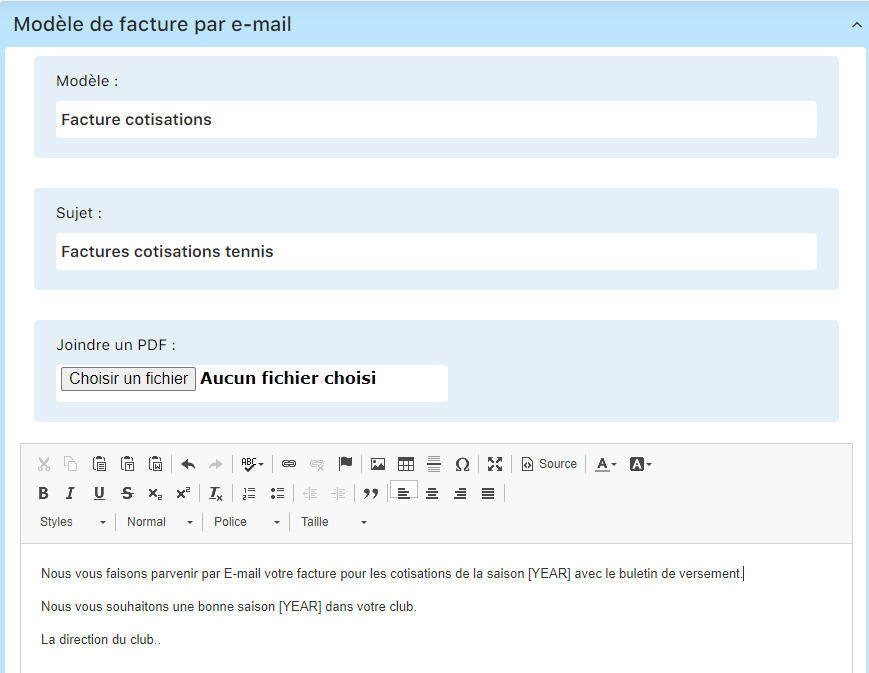 Modèles email - configuration