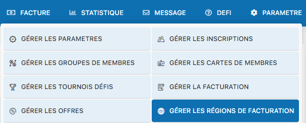 Accès au menu Gérer les régions de facturation