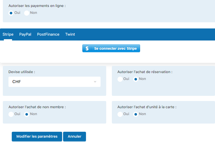 Panneau de configuration des paiements en ligne