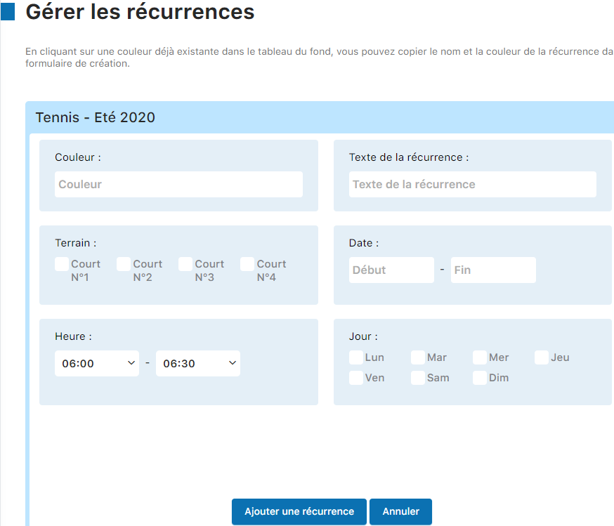 Formulaire de configuration du blocage