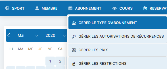 Accès au menu Gérer le type d'abonnement