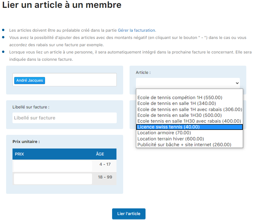 Sélection du membre et de l'article