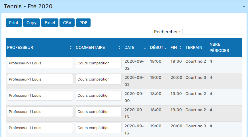Planning des professeurs