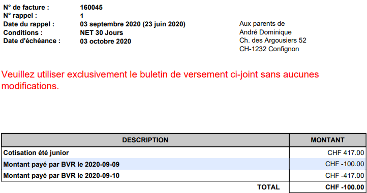 Deux paiements détectés avec le même BVR