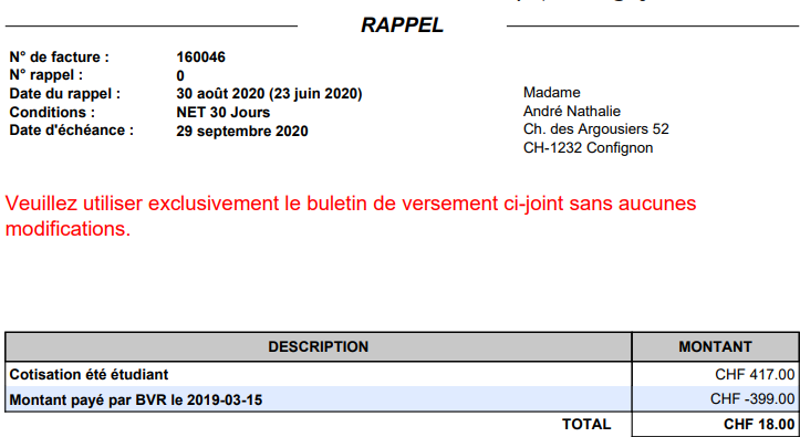 Vue du statut et rappel modifié