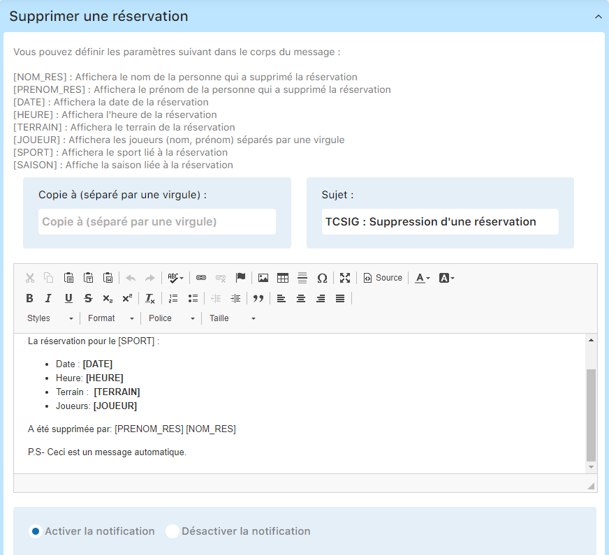 Email - Supprimer une réservation