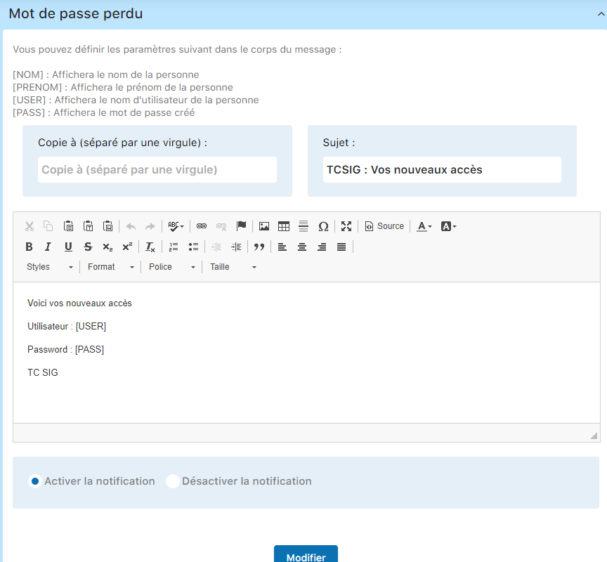 Email - Mot de passe perdu
