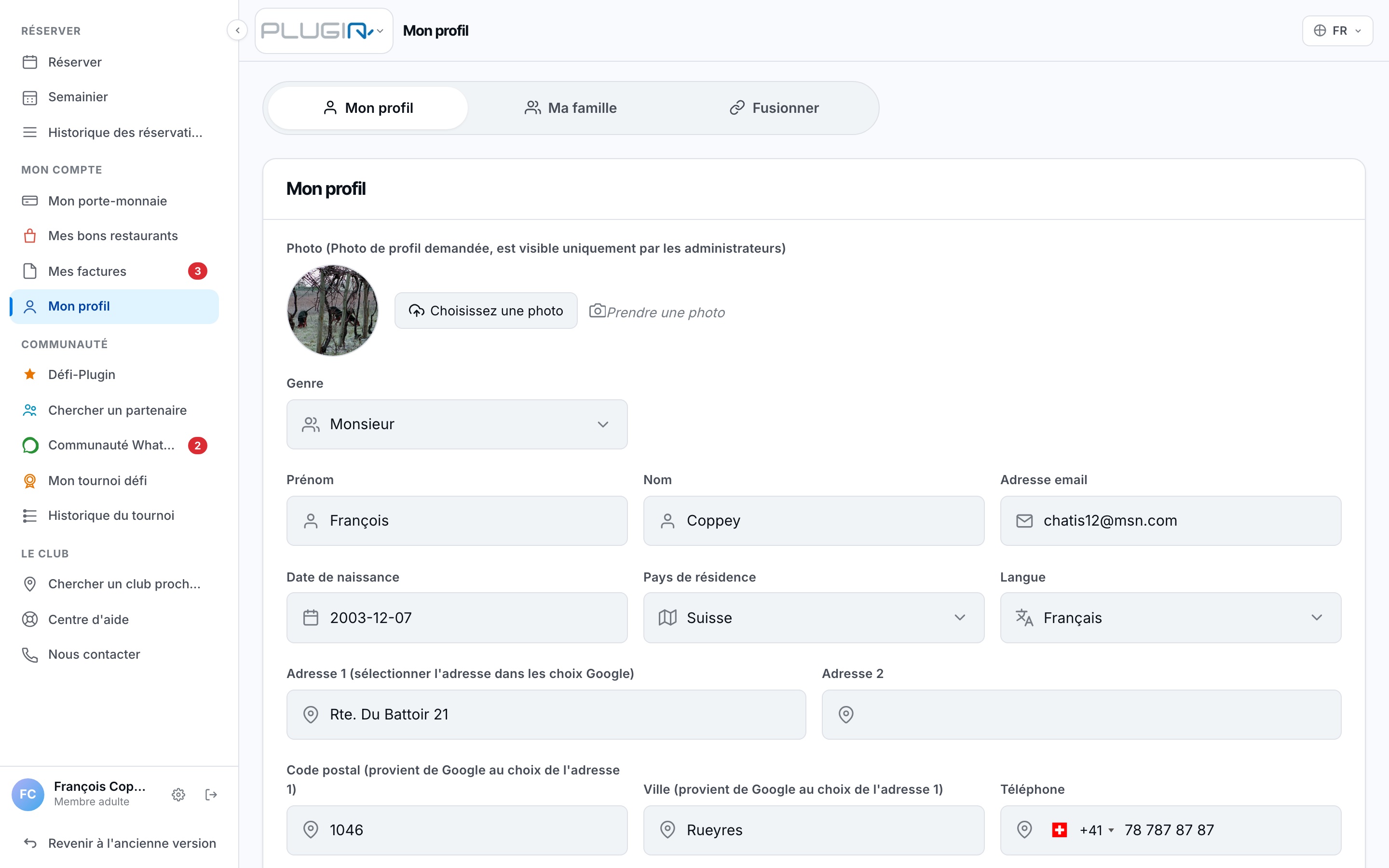 La page Mon profil